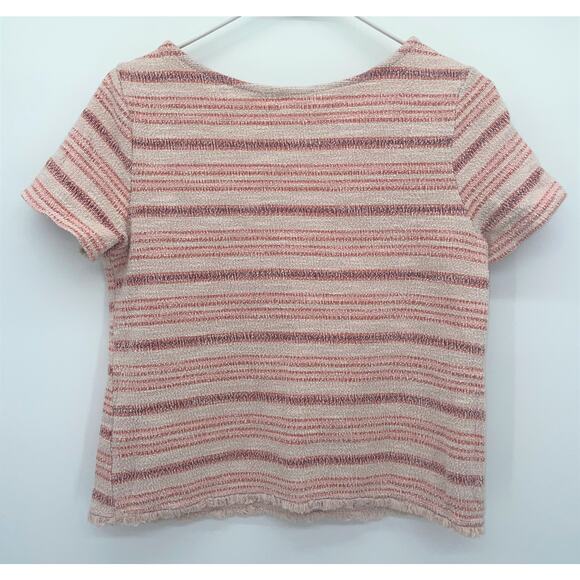 Green Envelope Pink Striped Short Sleeve T Shirt Raw Hem Round Neckline BOHO M‎ - Picture 7 of 7